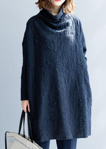 French Blue Cotton Tunics High Neck Oversized Fall Dress