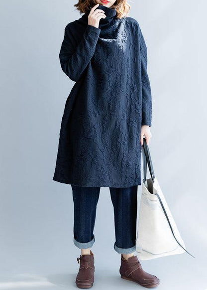 French Blue Cotton Tunics High Neck Oversized Fall Dress