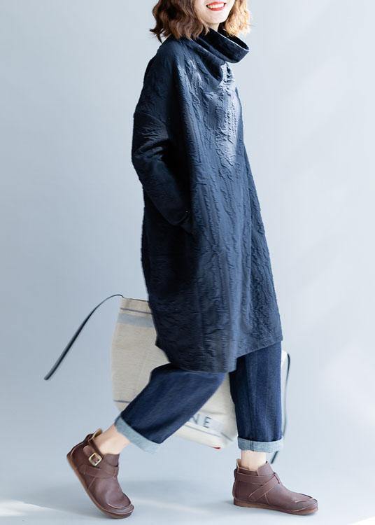 French Blue Cotton Tunics High Neck Oversized Fall Dress