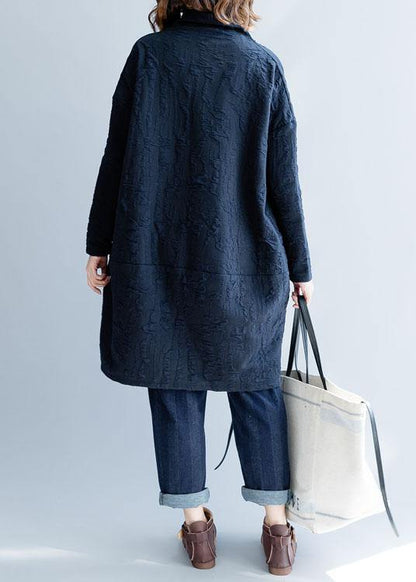 French Blue Cotton Tunics High Neck Oversized Fall Dress