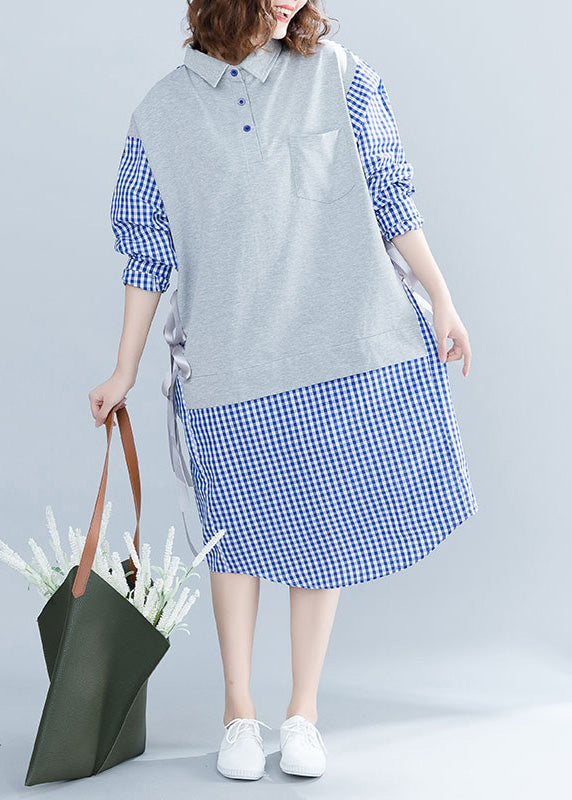French Blue Plaid Cotton O Tutorials Stand Collar Tie Waist Cotton Summer Dresses