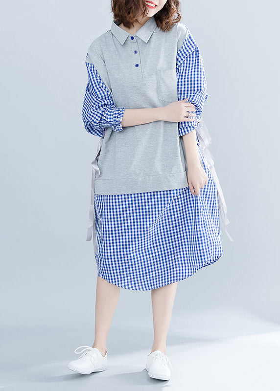French Blue Plaid Cotton O Tutorials Stand Collar Tie Waist Cotton Summer Dresses