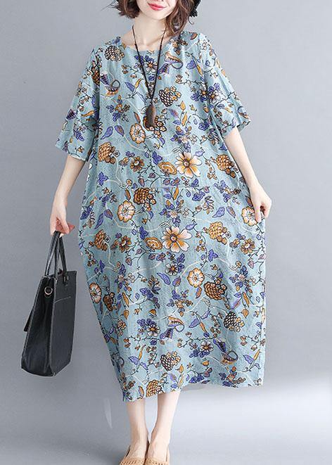 French Blue Cotton Linen Soft Surroundings O Neck Clothing Summer Dress