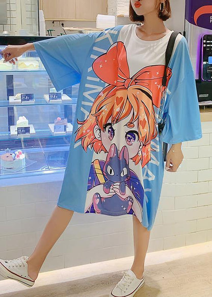 French Blue Half Sleeve Cotton Clothes Cartoon Print Dresses Summer Dress