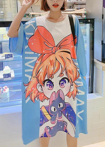 French Blue Half Sleeve Cotton Clothes Cartoon Print Dresses Summer Dress