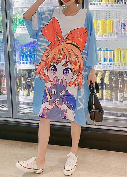 French Blue Half Sleeve Cotton Clothes Cartoon Print Dresses Summer Dress
