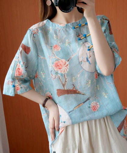 French Blue Print Clothes O Neck Half Sleeve Baggy Blouse
