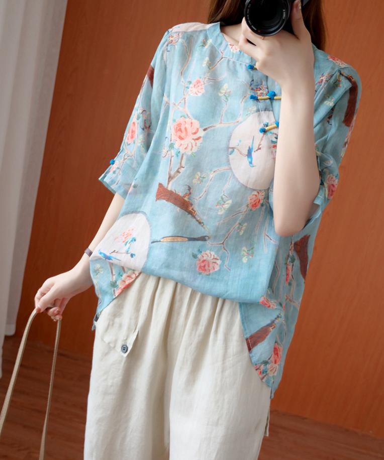 French Blue Print Clothes O Neck Half Sleeve Baggy Blouse