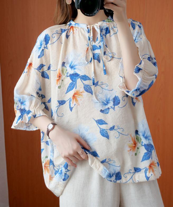 French Blue Print Clothes O Neck Lantern Sleeve Clothing Summer Shirt