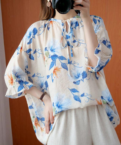 French blue print clothes o neck lantern sleeve Plus Size Clothing summer shirt