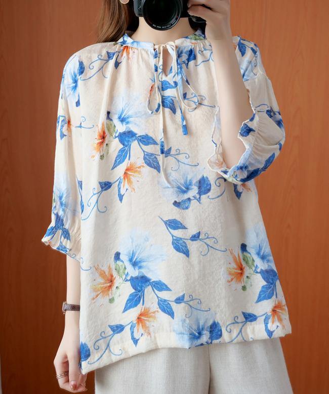 French Blue Print Clothes O Neck Lantern Sleeve Clothing Summer Shirt