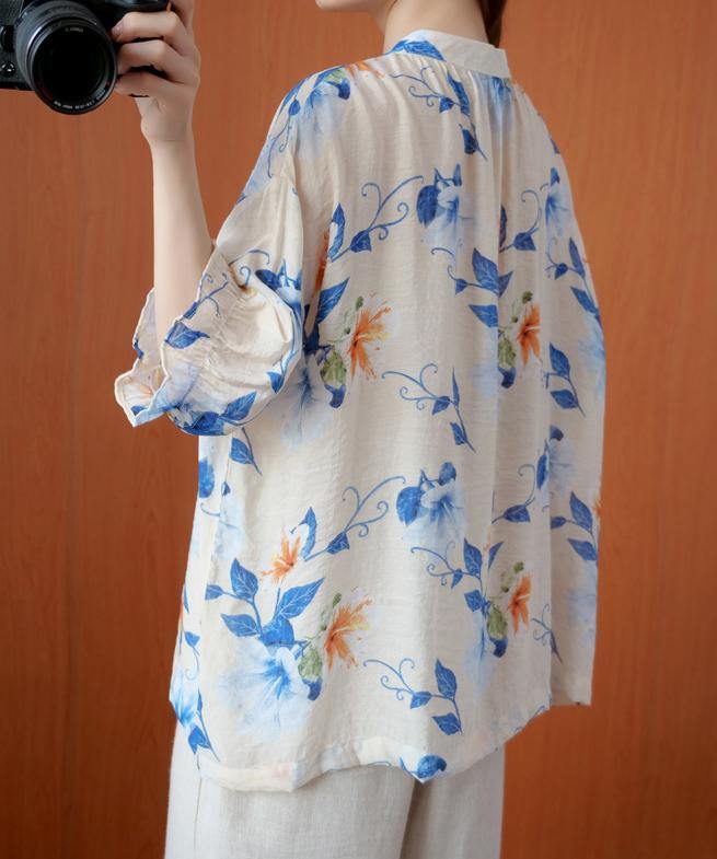 French Blue Print Clothes O Neck Lantern Sleeve Clothing Summer Shirt