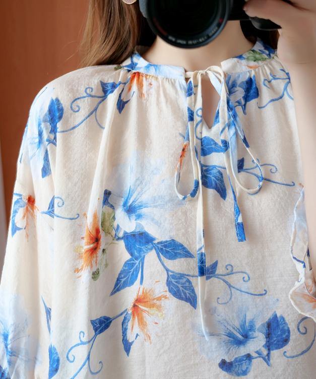 French Blue Print Clothes O Neck Lantern Sleeve Clothing Summer Shirt