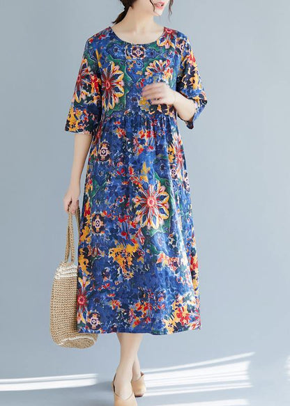 French Blue Print Cotton Clothes 18th Century Inspiration O Neck Half Sleeve Maxi Summer Dress