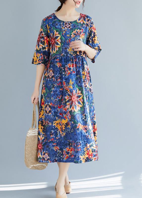French Blue Print Cotton Clothes 18th Century Inspiration O Neck Half Sleeve Maxi Summer Dress