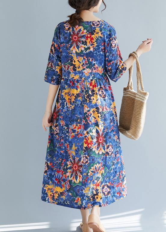 French Blue Print Cotton Clothes 18th Century Inspiration O Neck Half Sleeve Maxi Summer Dress