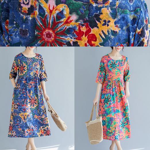 French Blue Print Cotton Clothes 18th Century Inspiration O Neck Half Sleeve Maxi Summer Dress