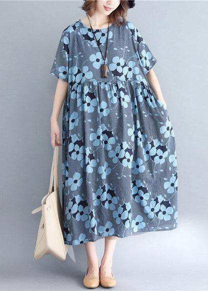 French Blue Print Cotton Linen Clothes O Neck Cinched Maxi Dresses