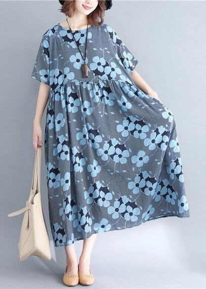 French Blue Print Cotton Linen Clothes O Neck Cinched Maxi Dresses