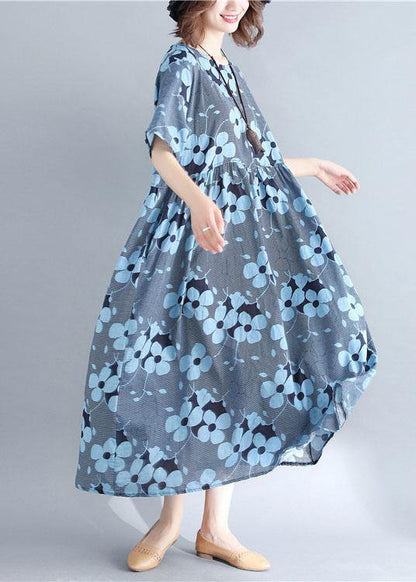 French Blue Print Cotton Linen Clothes O Neck Cinched Maxi Dresses