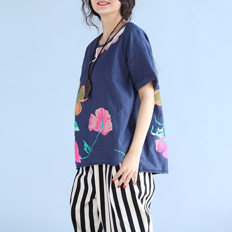 French Blue Print Cotton Tunic Top Fitted Tutorials Short Sleeve Loose Blouse