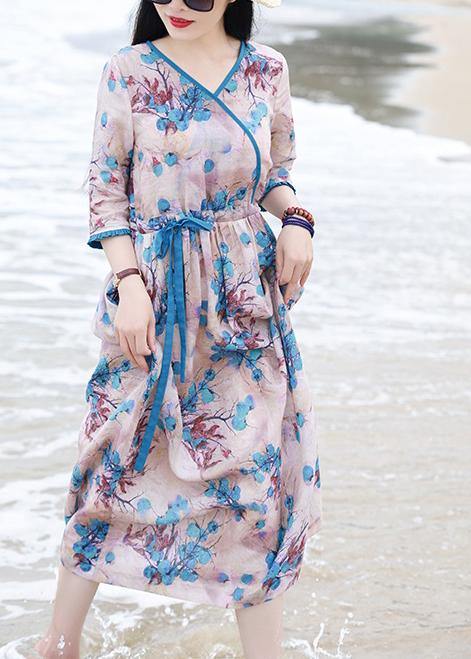 French Blue Print Dress V Neck Drawstring Long Spring Dress