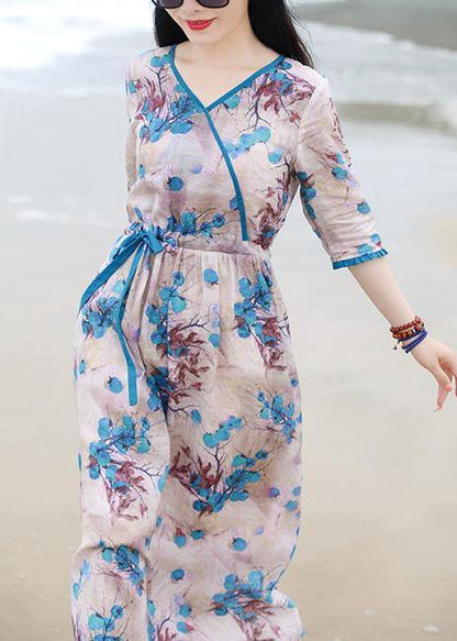 French Blue Print Dress V Neck Drawstring Long Spring Dress