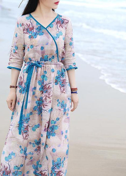 French Blue Print Dress V Neck Drawstring Long Spring Dress