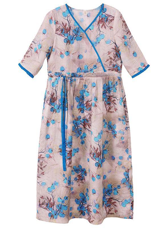 French Blue Print Dress V Neck Drawstring Long Spring Dress