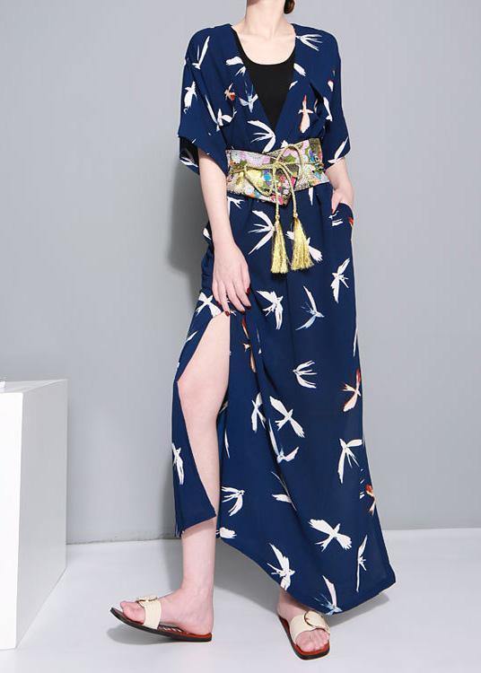 French Blue Prints Chiffon Dresses V Neck Traveling Summer Dress
