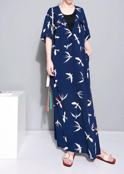 French Blue Prints Chiffon Dresses V Neck Traveling Summer Dress