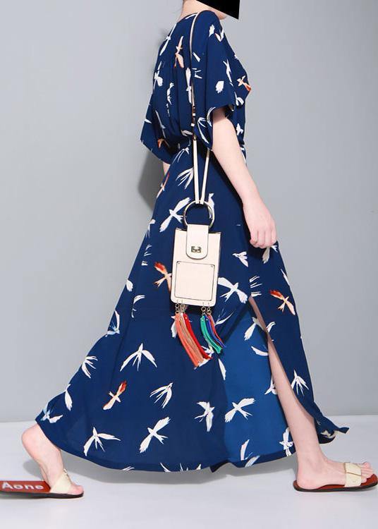 French Blue Prints Chiffon Dresses V Neck Traveling Summer Dress