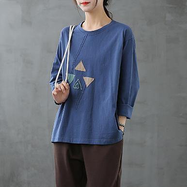 French Blue Tops O Neck Patchwork Art Top