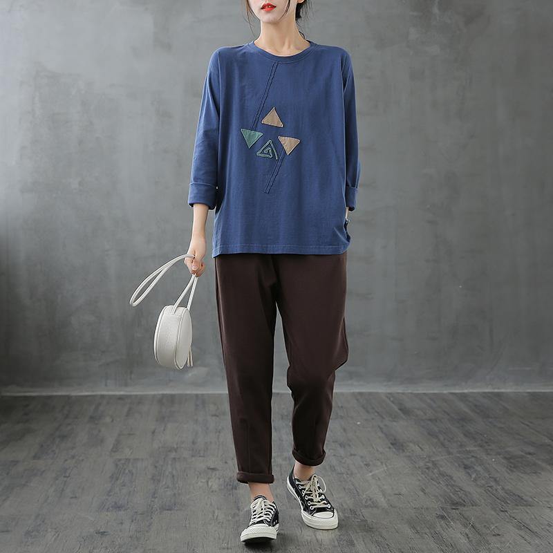 French blue tops women o neck patchwork Art top