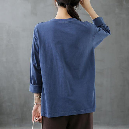 French blue tops women o neck patchwork Art top