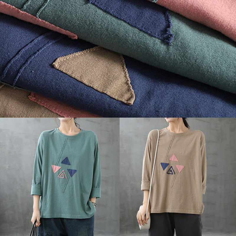 French Blue Tops O Neck Patchwork Art Top