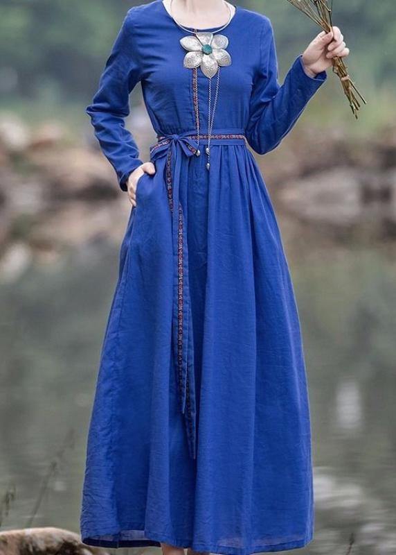 French Blue Cinched Dresses O Neck Tie Waist Robes Dresses