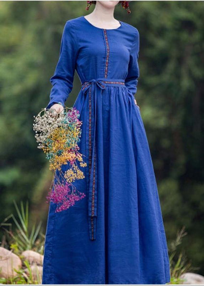 French Blue Cinched Dresses O Neck Tie Waist Robes Dresses