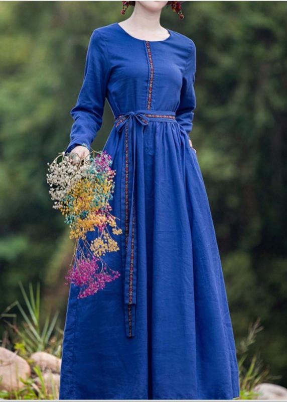 French Blue Cinched Dresses O Neck Tie Waist Robes Dresses