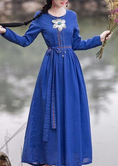French Blue Cinched Dresses O Neck Tie Waist Robes Dresses