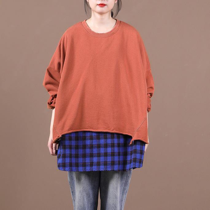 French Brown Blouses for O Neck Patchwork Knee Top