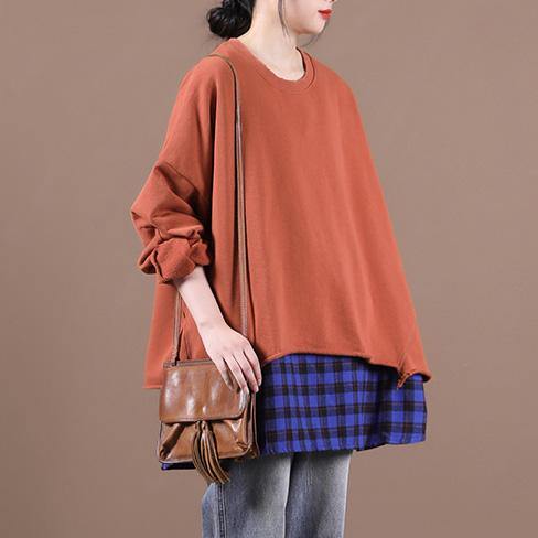 French brown blouses for women o neck patchwork Knee top