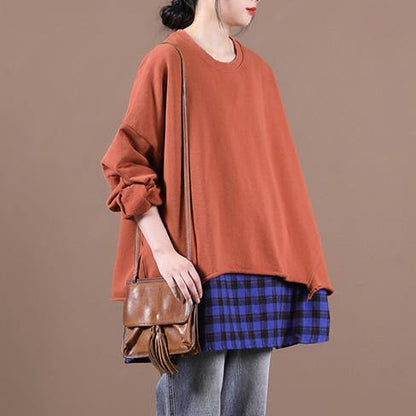 French brown blouses for women o neck patchwork Knee top
