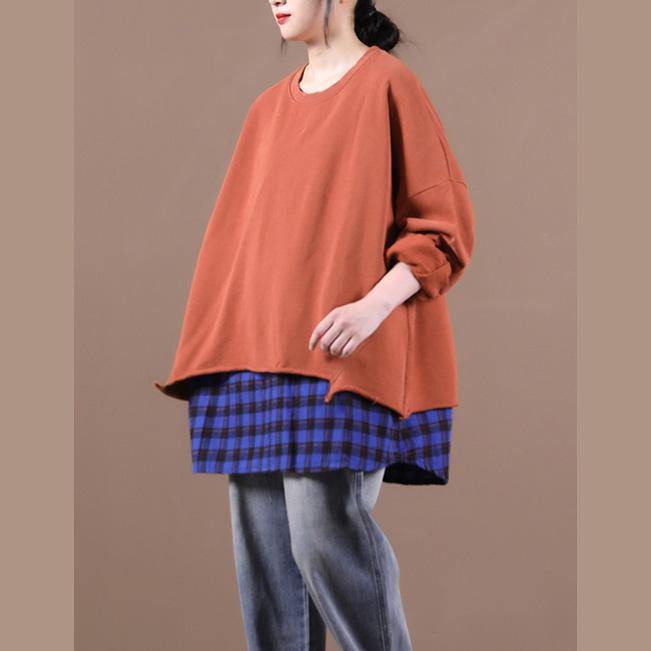 French brown blouses for women o neck patchwork Knee top