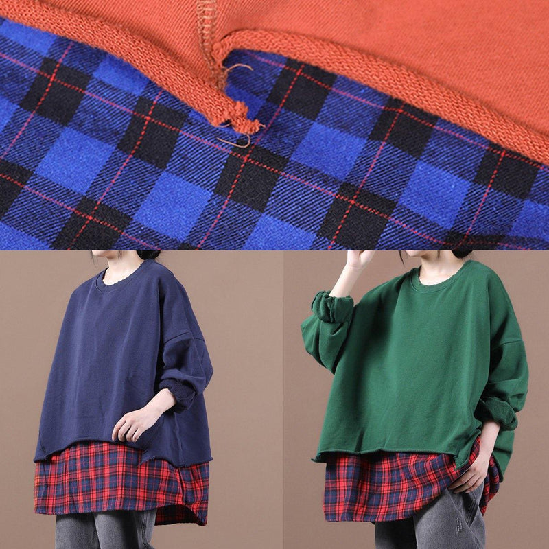 French Brown Blouses for O Neck Patchwork Knee Top