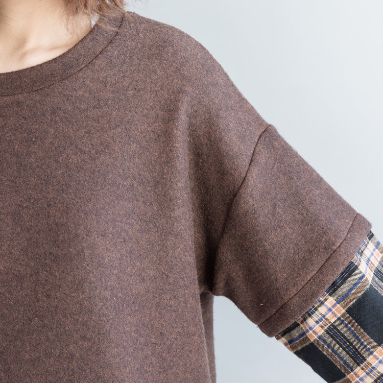French Brown Cotton Clothes Organic Tunic Tops Tunic O Neck Patchwork Blouses