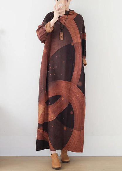 French Brown Priints Cotton Dresses Loose Waist Art O Neck Dress