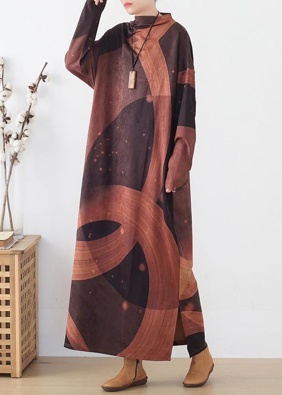 French Brown Priints Cotton Dresses Loose Waist Art O Neck Dress
