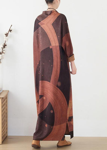 French Brown Priints Cotton Dresses Loose Waist Art O Neck Dress