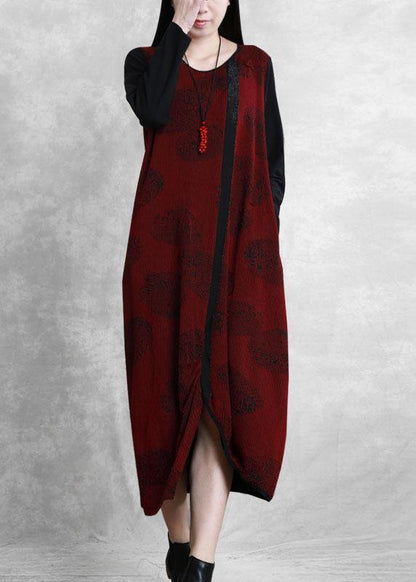French Burgundy Jacquard Quilting Clothes O Neck Patchwork Robe Dresses